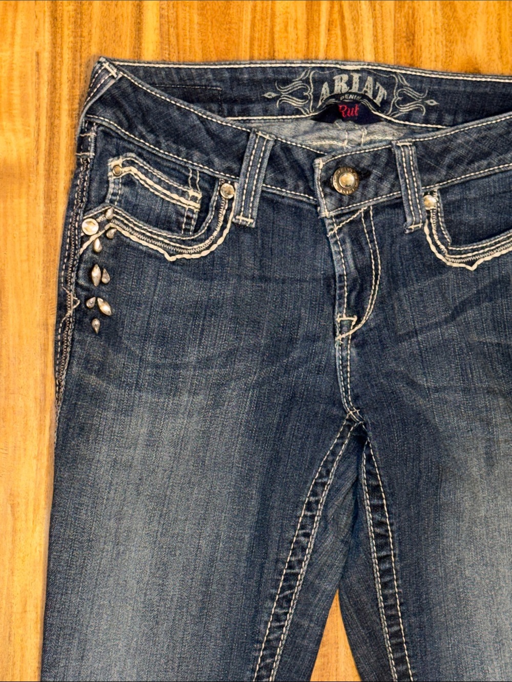 Ariat Women 28L long tall blue jeans Ruby bootcut flare low rise rhinestones - Picture 3 of 9